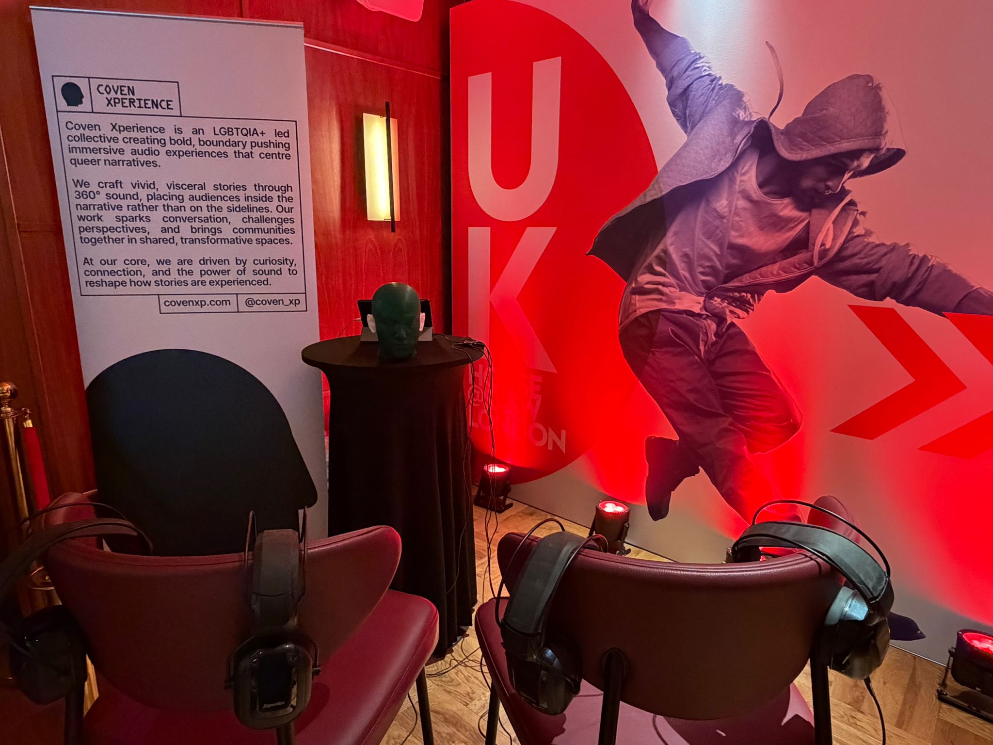 Coven Xperience exhibition setup at SXSW London, with headphones and a recording head
